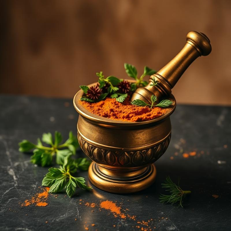 Brass mortar with medicinal herbs — Kashayam preparation