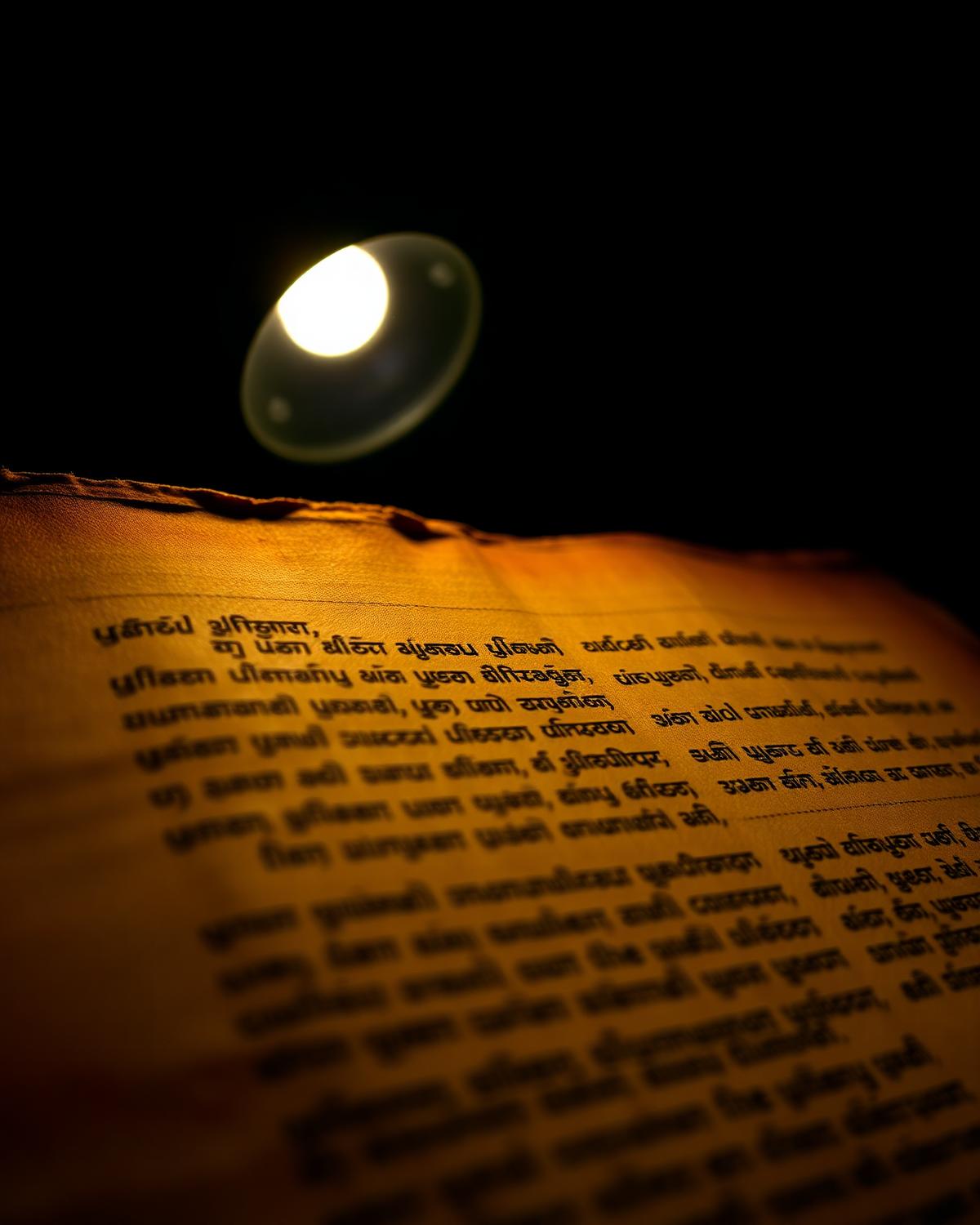 Ancient palm-leaf manuscript under lamplight